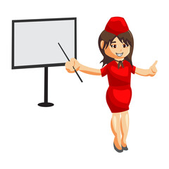 Flying attendants air hostess Profession stewardess with blank board cartoon character illustration