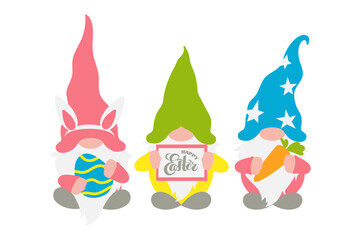 Easter gnomes, three Scandinavian gnomes in pastel colors with a chocolate easter egg, rabbit ears, carrot, and frame with hand lettering Happy Easter. Fun spring art, cute flat character for holiday