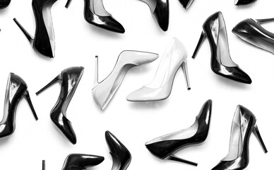 female shiny white and black stilettos on a white background