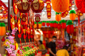 Outdoor Asia Spring Lunar Chinese New Year ornaments decorations. Red is seen as lucky and auspicious by many who believes in traditional customs. Translation: