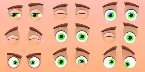 Collection of cartoon eyes isolated on beige background. Expressions with different emotions, crying eyes, laughing, angry and cute winking eyes. Vector illustration