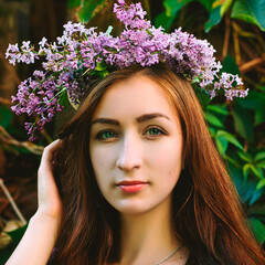Naklejka premium Portrait of young beautiful woman in pink dress in spring garden with lilacs. Spring background. Woman's Day. Greeting card. 