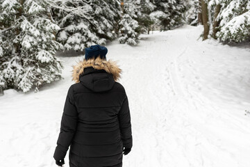 Fototapeta na wymiar Woman walking on a winter forest park,back view. outdoors shot.