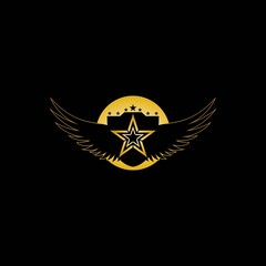 Gold Winged Shield with Star in the middle Logo Vector in Elegant Style with Black Background