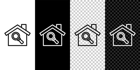 Set line Search house icon isolated on black and white, transparent background. Real estate symbol of a house under magnifying glass. Vector.