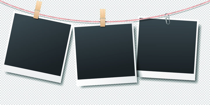Retro template photo frame mockup isolated on transparent background. Three photo frames are attached with clothespins to a string. Vector illustration