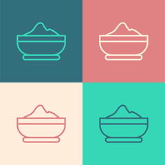 Pop art line Flour bowl icon isolated on color background. Baking Ingredients. Healthy organic food. Kitchen utensils cup. Dough cooking. Vector.