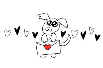 Vector cute contour little dog with love letter. Hand drawn doodle. Simple design element for greeting card, Valentine's day, birthday, coloring book