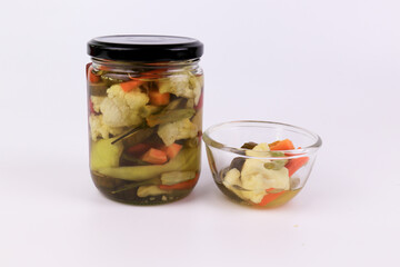 Pickled Vegetable in a bottle on  white background