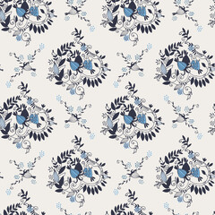 Damask seamless pattern with branches, leaves and fantasy fruit on beige background for surface design and other design projects