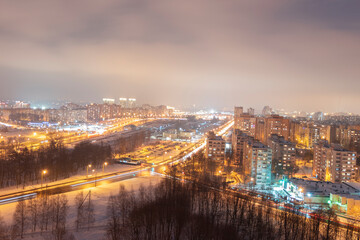 Fototapeta na wymiar Night photos of winter Minsk from a height