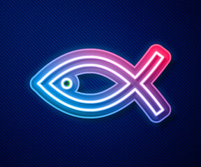 Glowing neon line Christian fish symbol icon isolated on blue background. Jesus fish symbol. Vector.