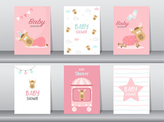 Fototapeta na wymiar Set of baby shower invitation cards, poster, template, greeting, cute, animal,Vector illustrations 