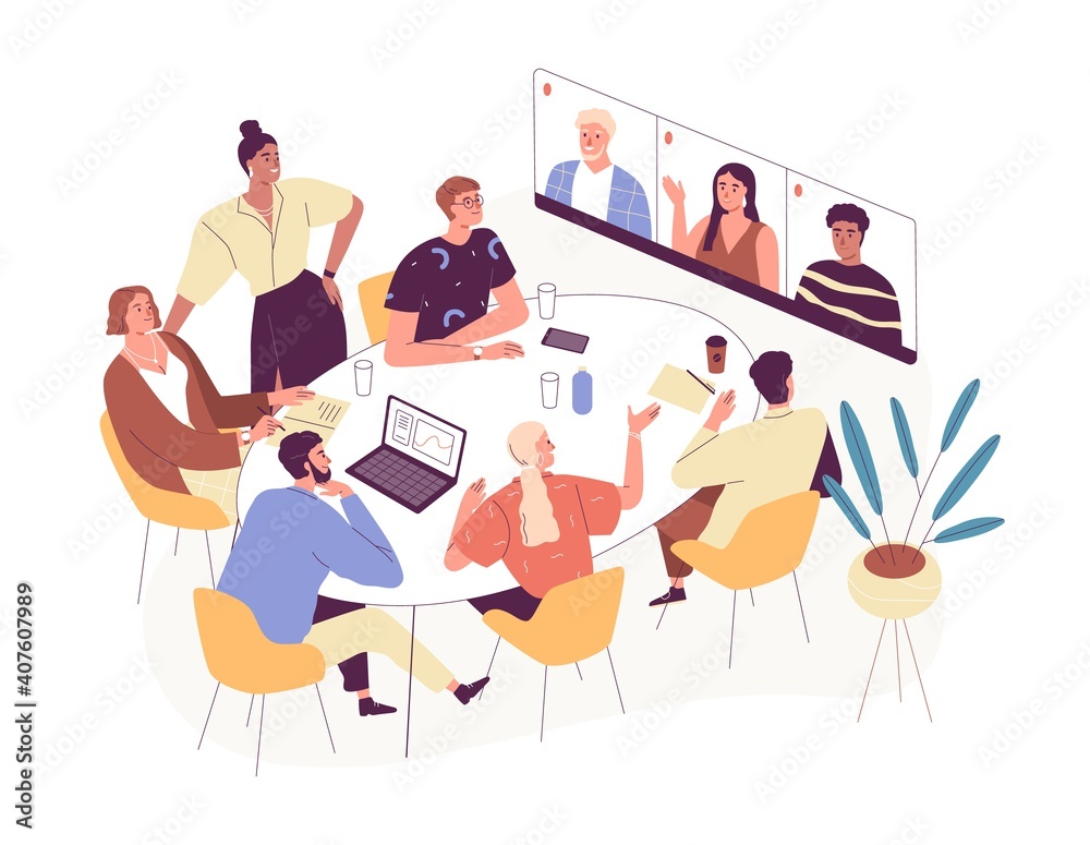 Poster online conference with foreign business partners. people in office and remote workers on virtual mee