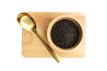 Black sesame seeds in the wooden bowl on white background, clipping path included.