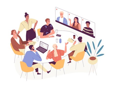 Online conference with foreign business partners. People in office and remote workers on virtual meeting by video call. Colored flat vector illustration isolated on white background