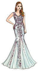 Model in a Pale Blue and Garnet Dress Fashion Illustration