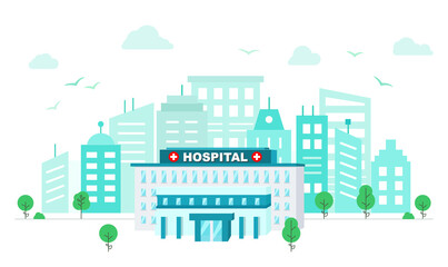 Obraz premium Hospital building in flat style. Medical center building on the background of a big city. Vector illustration green color.