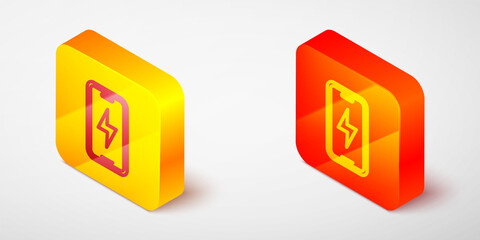 Isometric line Smartphone charging battery icon isolated on grey background. Phone with a low battery charge. Yellow and orange square button. Vector.