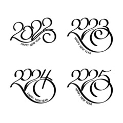 Set of 2022, 2023, 2024, 2025 Happy New Year logo text design. 2022, 2023, 2024, 2025 number design template. Vector illustration with black labels isolated on white background.