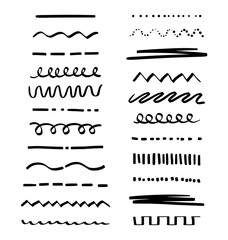 A set of various highlighter and underline lines. A collection of graphic elements drawn by hand with a free brush. Vector stock illustration of doodle strokes and markers isolated on white background