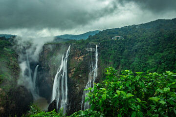 waterfall with lush green forests of western ghat from flat angle