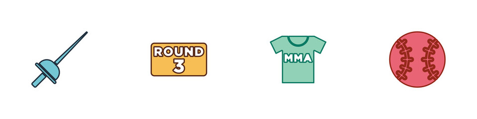 Set Fencing, Boxing ring board, T-shirt with fight club MMA and Baseball ball icon. Vector.