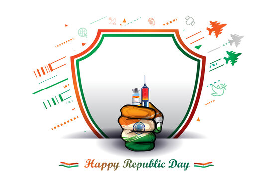 Illustration, Republic Day Of India Background With Hand Holding Covid 19 Immunity Vaccine Ideas Concept, Presentation, Growth Showoff, Indian Army Parade, Technology Success Of Indian