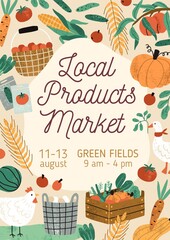 Template design of flyer with place for text, decorated with poultry, fruits and vegetables. Advertising poster of local organic farmer market event. Vertical flat textured vector illustration