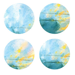 Watercolor four abstract circles. Web template, postcard. Colorful round stains, sky, paint splashes, wave lines, psychedelic design. Social media buttons, clothes print. Raster stock illustration.