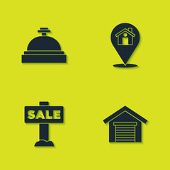 Set Hotel service bell, Garage, Hanging sign with Sale and Location house icon. Vector.