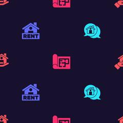 Set Real estate message house, Hanging sign with Rent, House plan and Realtor on seamless pattern. Vector.