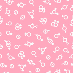 LGDT pride Gender Seamless pattern. Bigender, agender, neutrois, asexual, lesbian, homosexual, bisexual icon orientation. Vector pink and white surface background. Sexual human identity illustration.