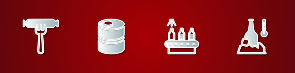 Set Sausage on the fork, Metal beer keg, Conveyor band, and Cold bottle icon. Vector.
