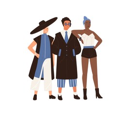 Male and female eccentric fashion models posing in stylish extravagant outfit isolated on white background. Modern man and women wearing fashionable clothes. Colorful flat vector illustration