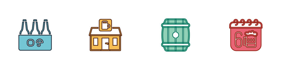 Set Pack of beer bottles, Store building shop, Wooden barrel and Saint Patricks day calendar icon. Vector.