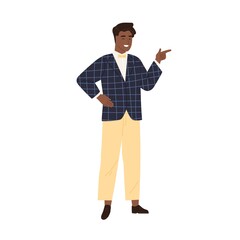 Confident winking seducer isolated on white background. Cool charming African American man flirting, smiling and gesturing with index finger. Colorful flat vector illustration