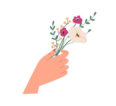 Female hand holding elegant small bouquet of delicate wild flowers. Beautiful spring bunch of anemones and green twigs. Colorful flat vector illustration isolated on white background