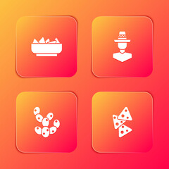 Set Nachos in bowl, Mexican man sombrero, Cactus and icon. Vector.
