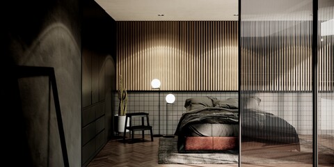 bedroom mock up in modern loft style interior. interior design. 3D background illustration.