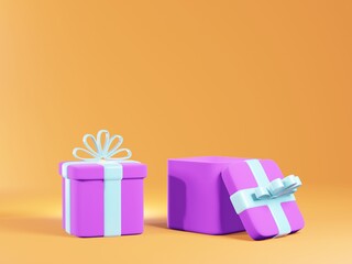 gift box isolated on orange background in 3d illustration, holiday Christmas new year concept