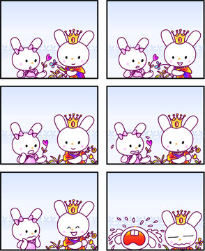 vector cartoon rabbit Fairy tale castle princess prince six-frame comics