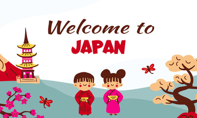 Japanese hand drawn banner with traditional symbols, landmarks: pagoda, japanese kimono, dolls, fuji. Banner for web design, Japan festival greeting card. Vector illustration. Welcome to Japan - text