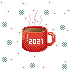 Obraz premium Coffee cup pixel art. Vector picture. Happy new year 2021. 