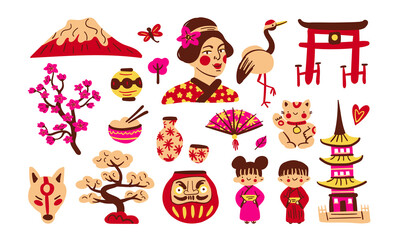Fototapeta premium Japan hand drawn elements vector set. Japanese cartoon collection. Travel, tourism to Japan. Traditional asian symbols isolated. Illustration big set: sakura, fujiyama, daruma, children, woman, gate