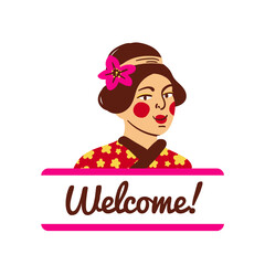 Japan stock vector hand drawn illustration. For japanese travel ad concept, greeting card print. Cute cartoon style asian illustration: woman in traditional kimono, Japan symbol and text - Welcome!