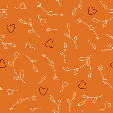 seamless pattern with hearts, arrows and floraal branchs, in boho colors, orange, beige, bordo