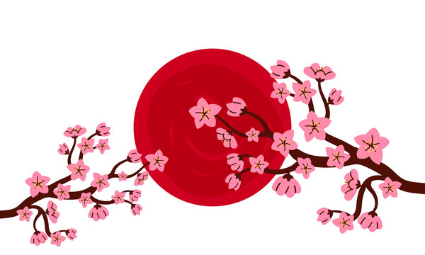Japan flag, sakura branch. For banner template design, web flag background, celebration card, japanese wedding. Traditional Japanese symbol isolated, white background. Blooming sakura, spring in Japan
