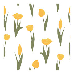 Seamless vector pattern with yellow flowers on a white background. Tulips. Suitable for textiles, wallpaper, books, tape, interior, for products.