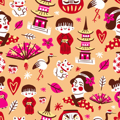 Modern japanese seamless pattern on beige background. Print, pattern for Japan. Japanese traditional symbols: kimono, children, pagoda, woman, doll, fan, manekineko. Vector stock seamless texture. Eps